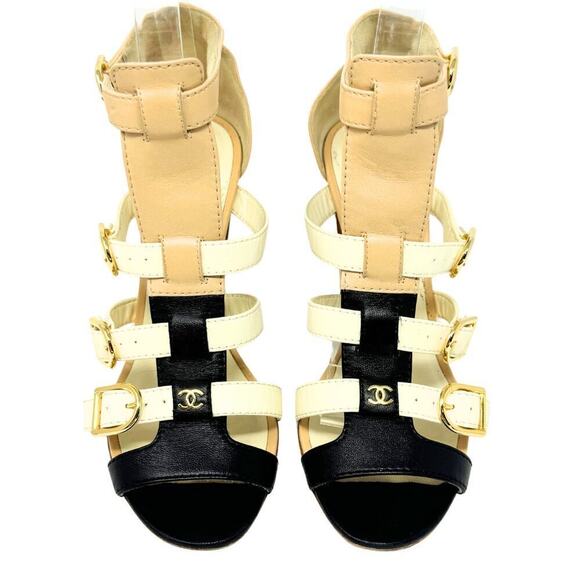 Chanel CC Logo Leather Strappy Gladiator Heels Sandals Black White Gold EU37 - Picture 2 of 11